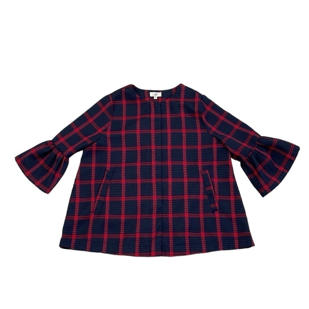 Entro Jacket Women's M Medium Blue Red Plaid Flare Sleeves Waffle Full Zip - Picture 4 of 16